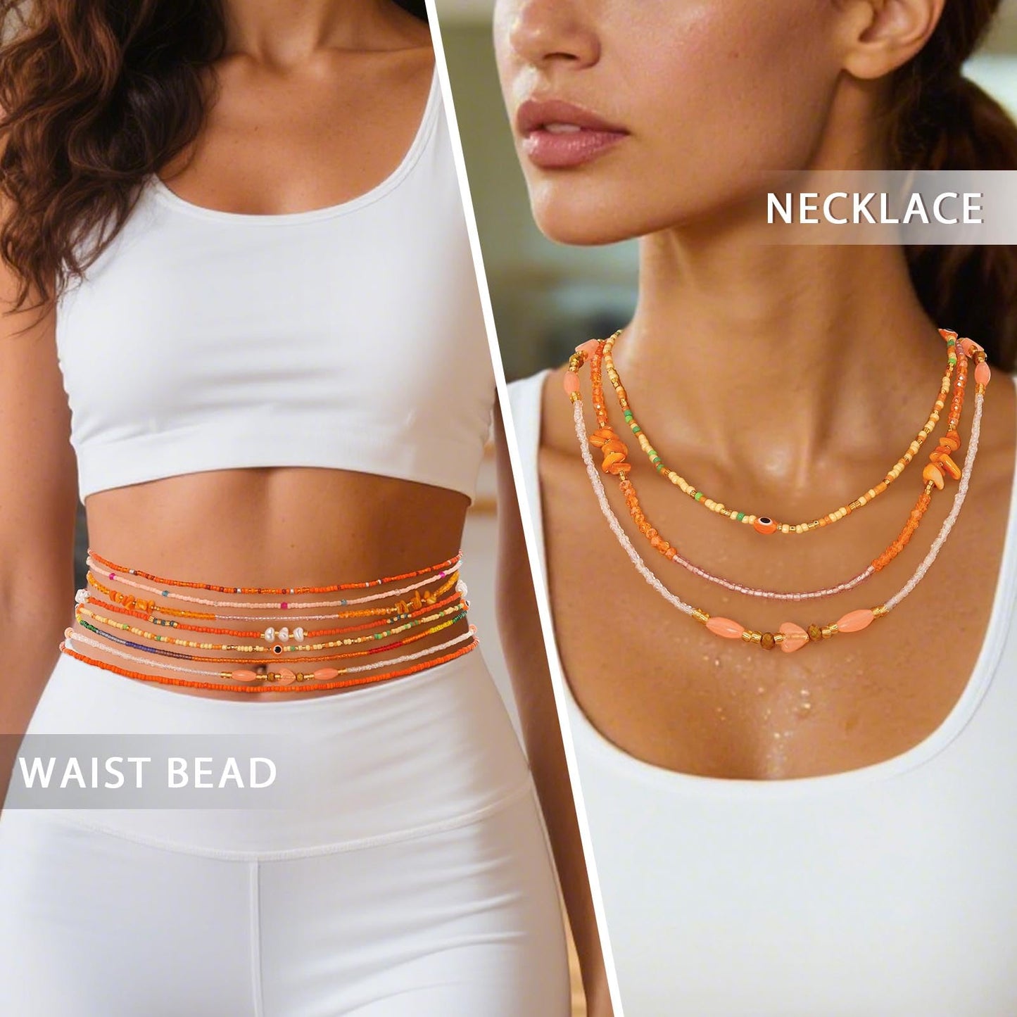 ELABEST Adjustable Handmade Waist Beads Stretchy 23-52 inch 8Pcs Chakra Body Belly Beaded Women Waist, Anklet, Bracelet, Necklace Jewelry with Screw clasp (Orange, 31.5inch/80cm)