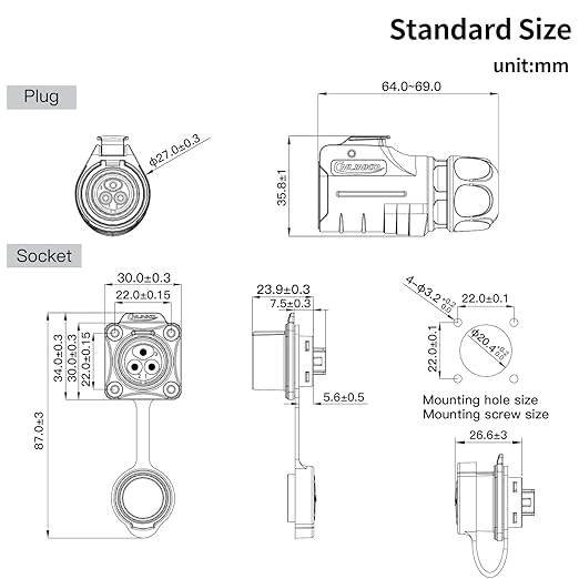 CNLINKO LP20 Reverse Mount 3-Pin Waterproof Circular Electrical Connector, IP68 Female Plug Male Socket for Automotive Machinery and Outdoor Use Quick Connect Aviation Connector (Plastic Plug)