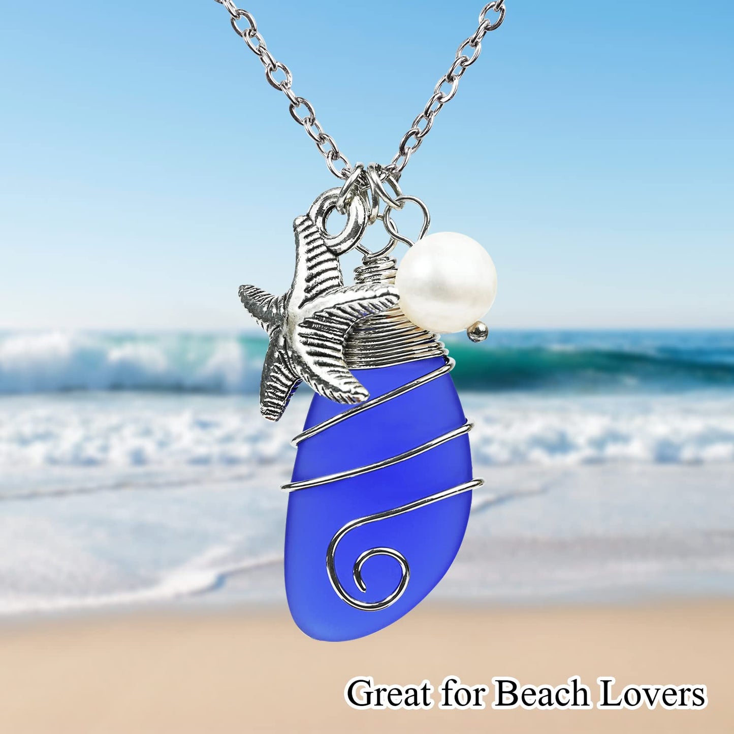 Sea Glass Necklace, Beach Jewelry for Women, Wire Wrapped Beach Necklaces with Starfish, Freshwater Pearls, Sea Glass Jewelry, Handmade Necklaces Gift for Women Girls