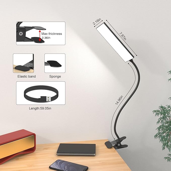Vansuny Clip on Light LED Desk Lamp with Eye-Caring LED Light and Metal Clip, 11 Level Brightness 3 Color Modes, Power by USB Port 5W Adjustable Neck Reading Lamp for Home and Office (5W, Black)