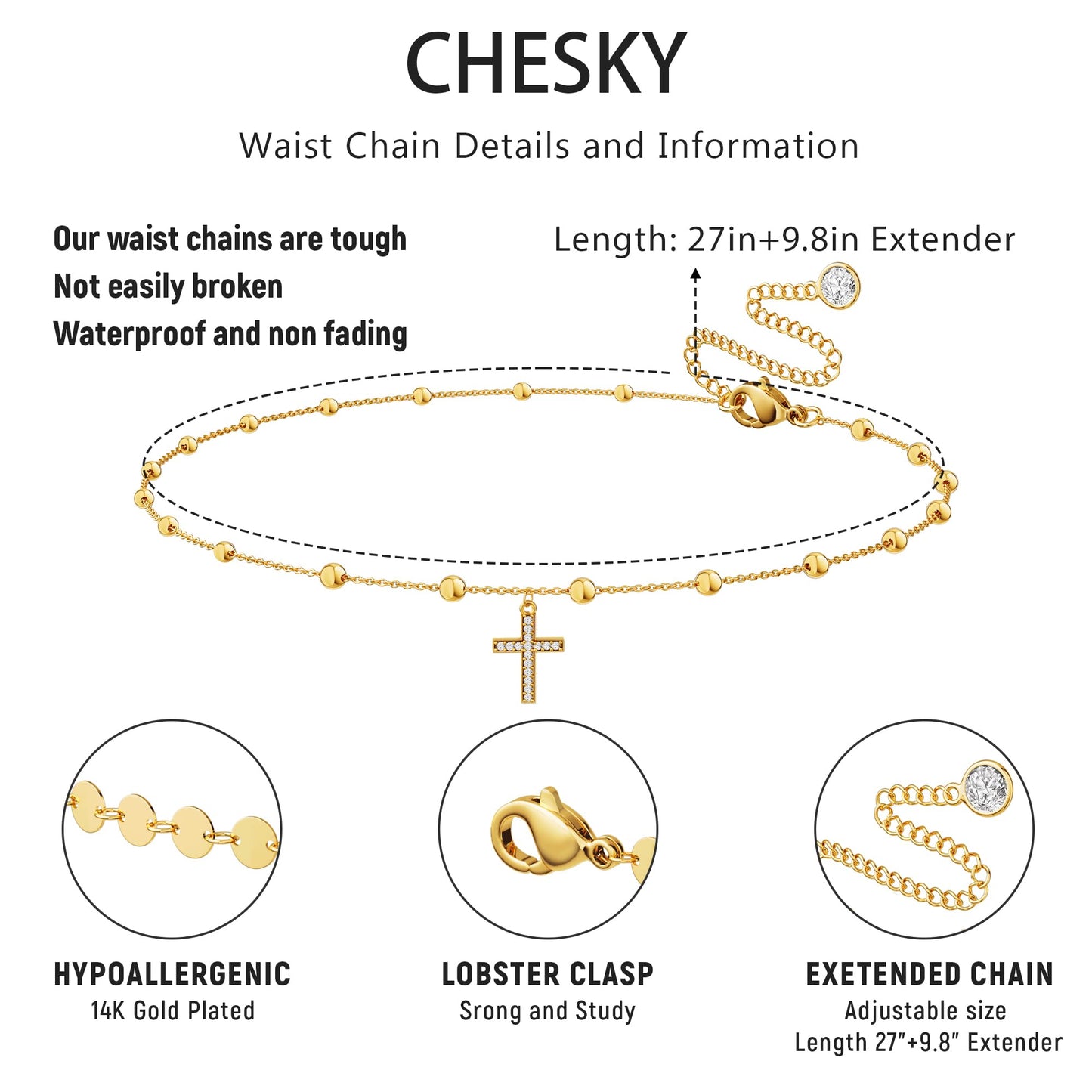 CHESKY Gold Waist Beads for Women, Dainty 14k Gold Plated Waist Chain Body Chain Jewelry for Womens Adjustable Waterproof Belly Chain Sexy Cross Pendant Chain Belt Beach Gold Summer Jewelry for Women Fashion Accessories
