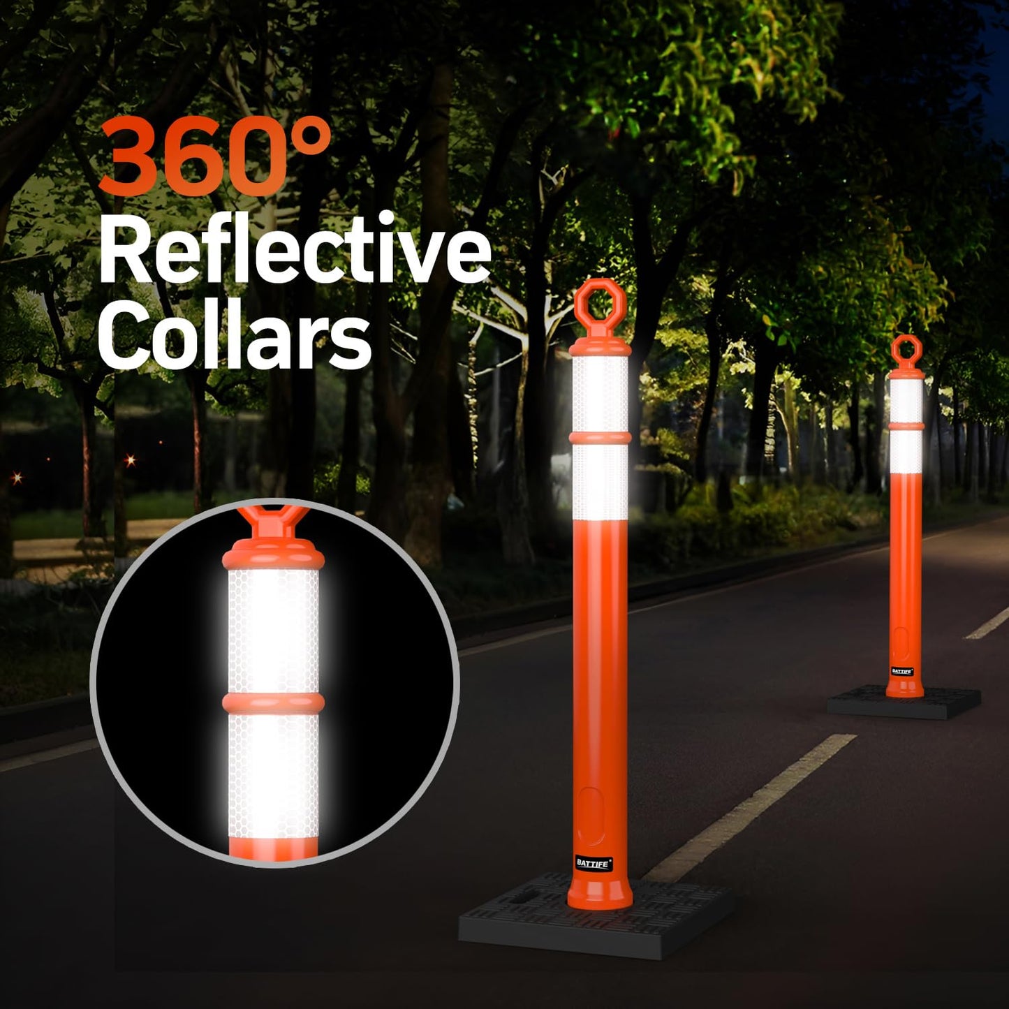 BATTIFE 3 Pack 42 Inch Orange Traffic Delineator Posts with Reflective Collars and Base, Safety Cones for Construction Zones and Driving Practice