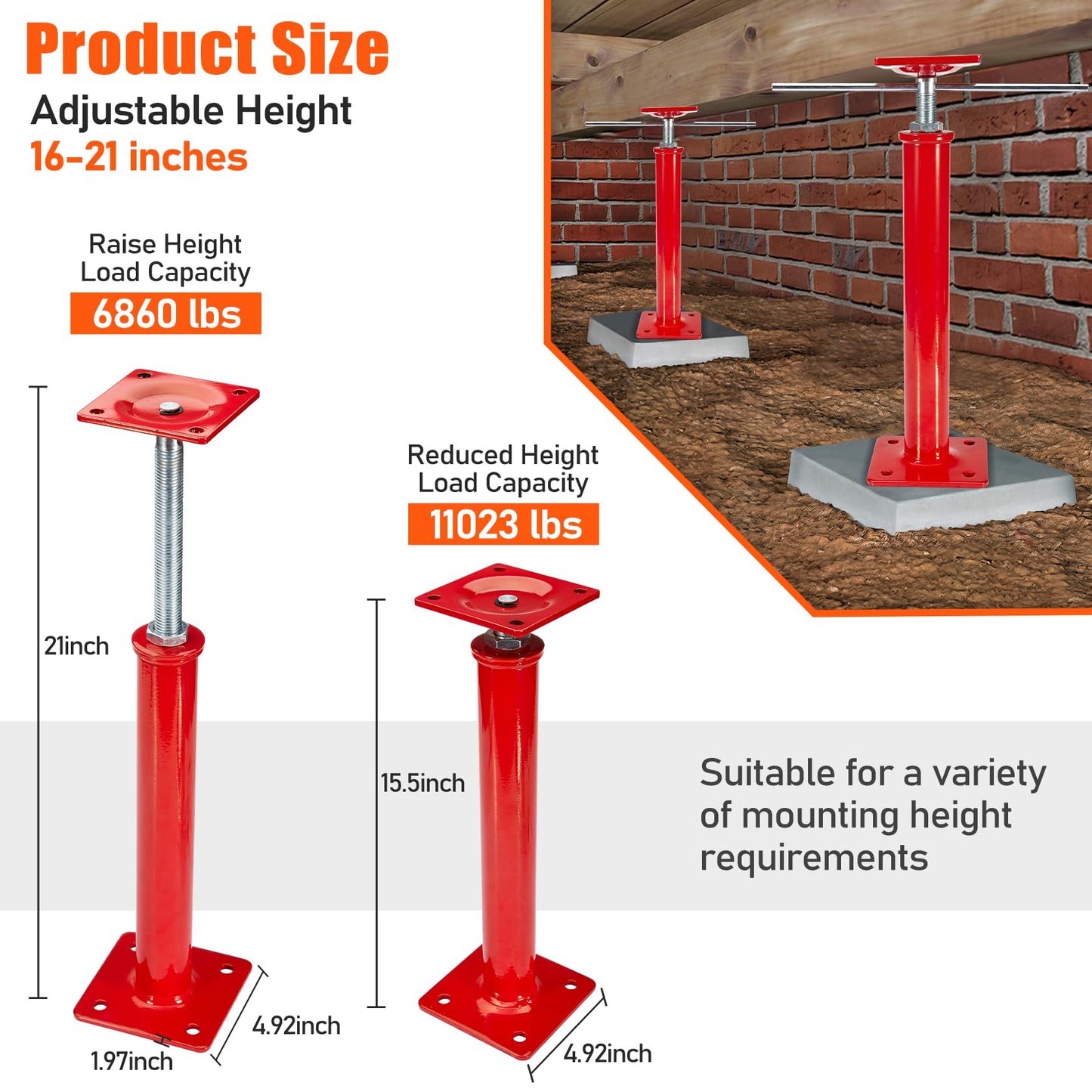 House Jacks for Leveling Crawlspace, 16" - 21" Height Range, 11023 lbs Max Load Capacity, House Floor Jacks Post Pole for Leveling, 2 Pack
