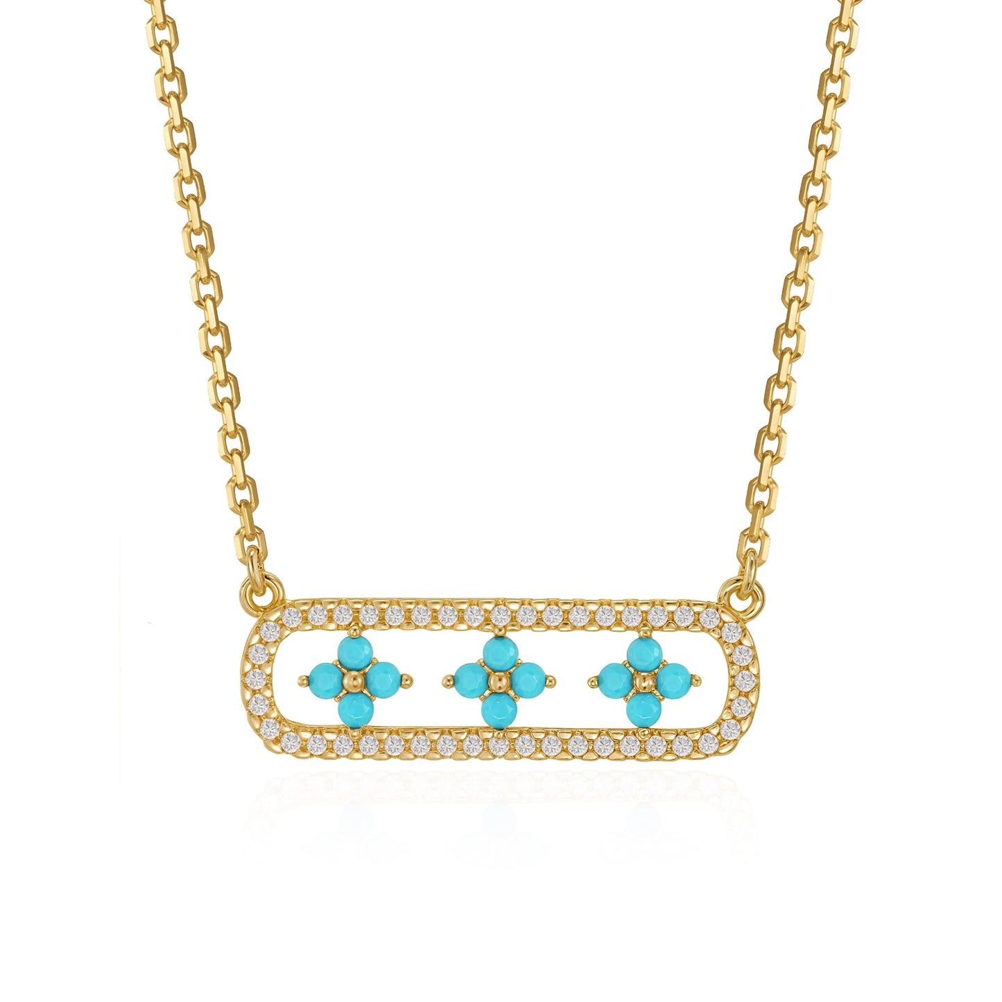LOLAR RAY Triple Clover Bar Necklace 14K Gold Plated Turquoise & Diamond Accents Framed Pendant Adjustable Chain Chic Gift for Women