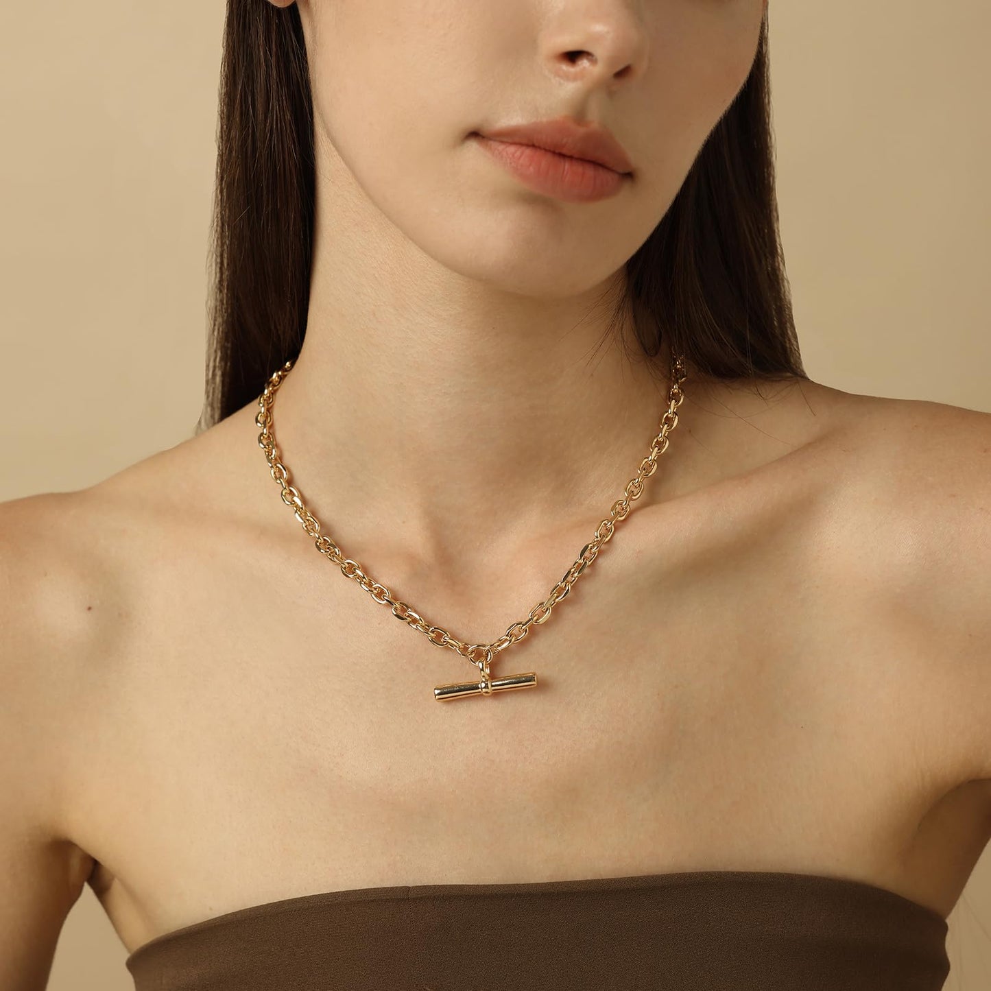 COBI T Bar Necklace for Women, Circle Pendant Necklaces Rhodium Plated &18K Gold Finished Four Leaf Clover | Link Chain Necklace with T-Bar Charm, Adjustable 17"+2" Jewelry Gift