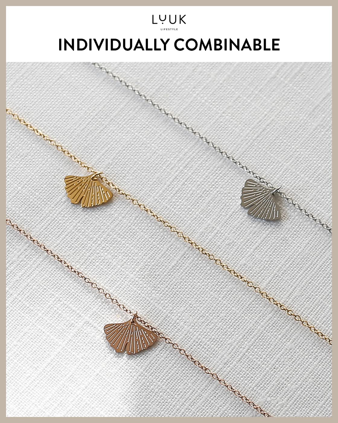 LUUK LIFESTYLE Filigree necklace with Gingko leaf pendant, HAPPINESS card, Stainless steel, Gift for women, 19” waterproof hypoallergenic chain, Rose gold