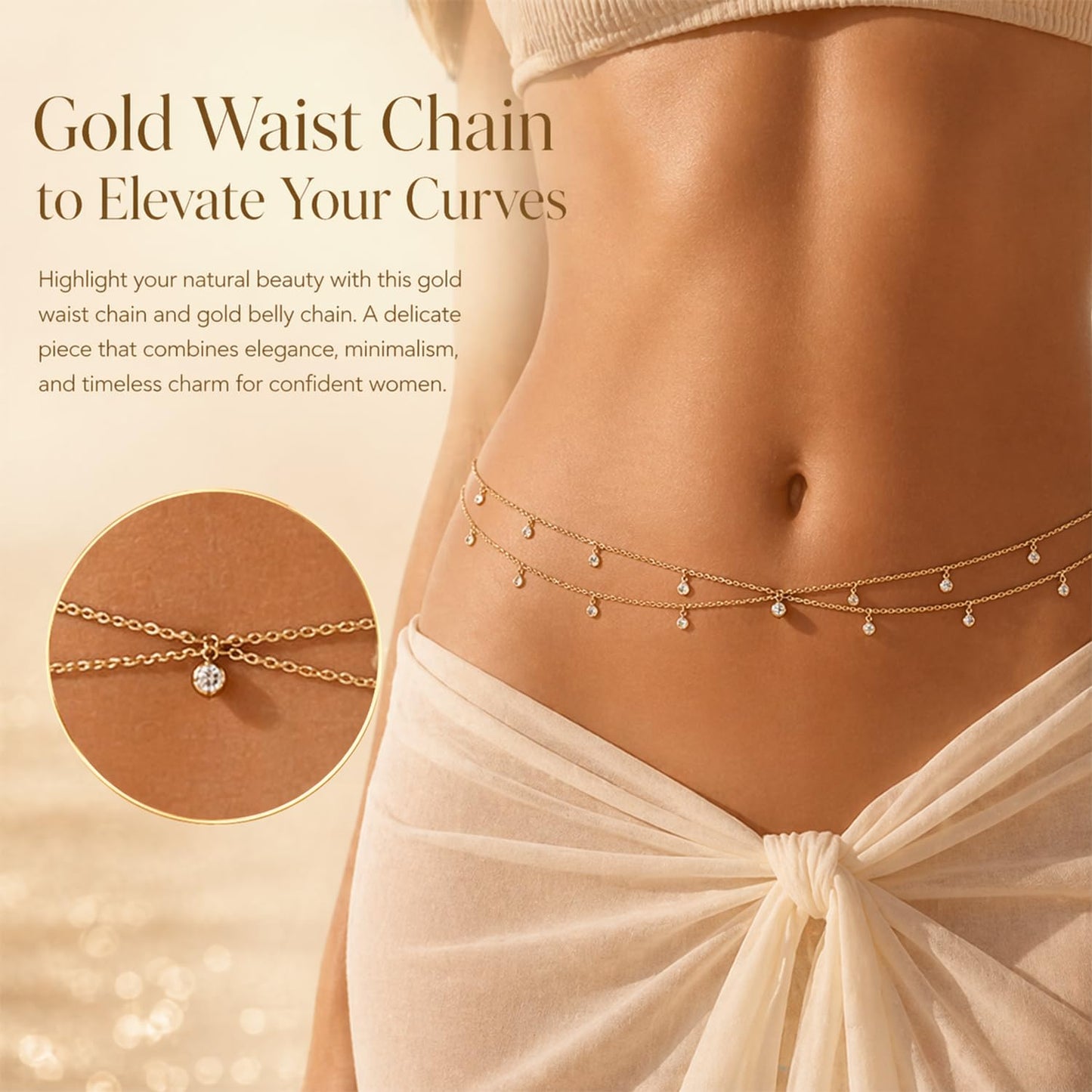 Longita Belly Chain Gold Waist Chain for Women Waist Stomach Jewelry Women Gold Belly Chains for Dress Rhinestone Sexy Body Chains for Bikini Beach Vacation non Tarnish Waterproof Adjustable Plus Size