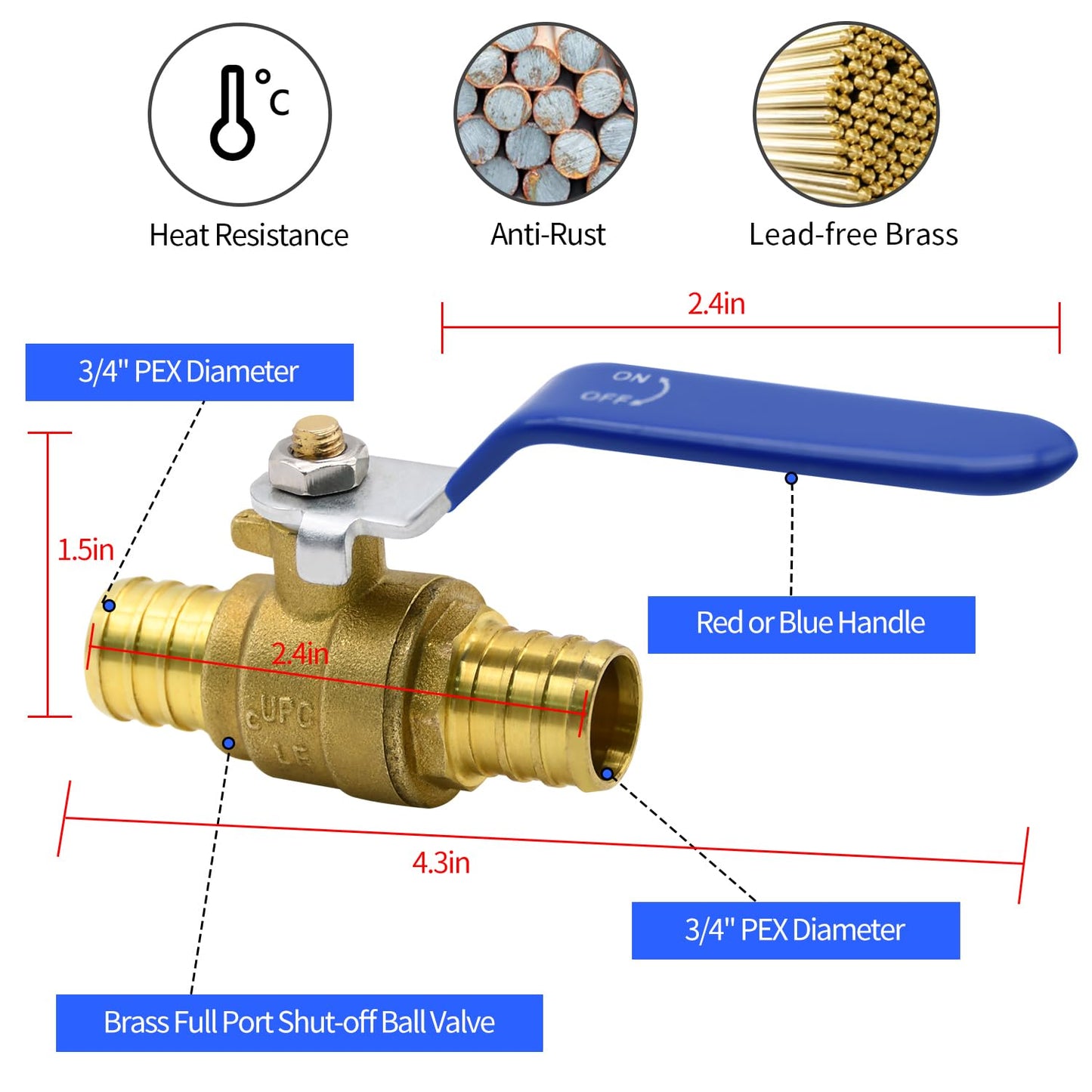 4pcs PEX Ball Valves, 3/4" PEX Brass Full Port Shut Off Ball Valve, Full Port Shut-off Ball Valve, Quarter Turn HOT (RED) COLD (BLUE) of Water Stop Shut off