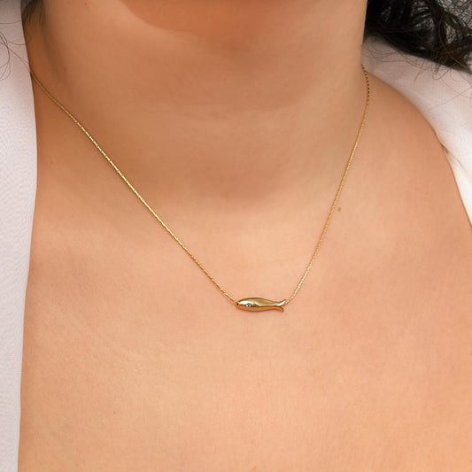 Tooliks Dainty Fish Necklace for Women, Sterling Silver or Gold Fish Charm, Minimal Lucky Necklace (Gold)