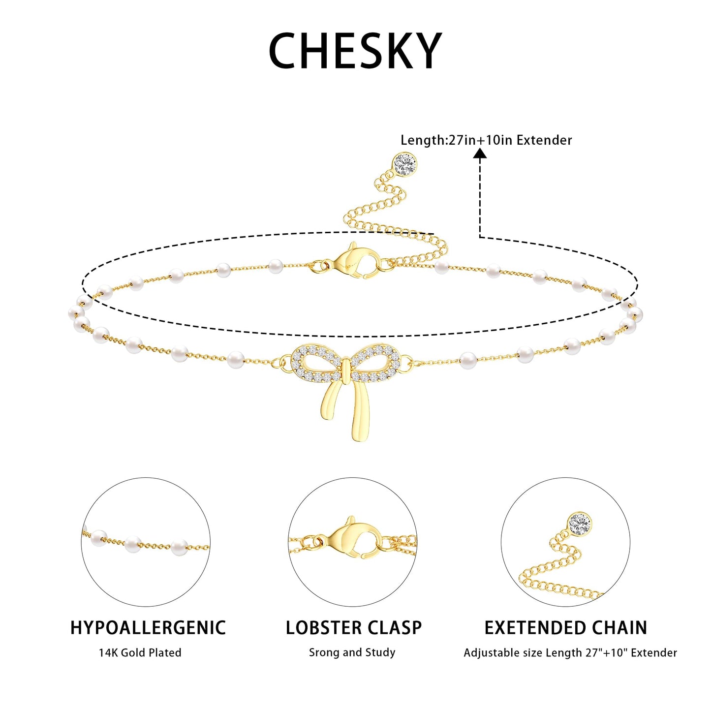 CHESKY Gold Waist Chain, 14k Plated Pearl Body Chain Jewelry for Women Non Tarnish Adjustable Belly Chain Waterproof Waist Beads for Womens Dainty Chain Belt Gold Bow Prom Jewelry for Women