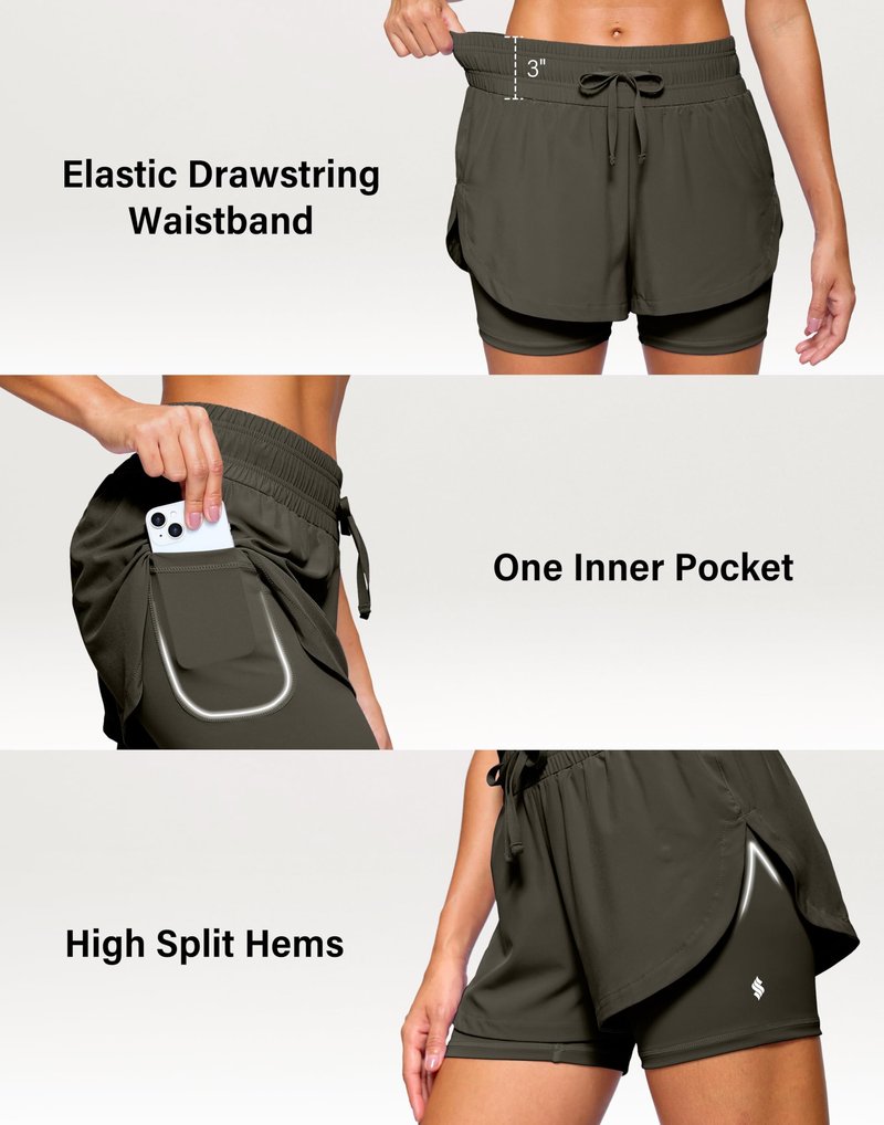 Soothfeel Women's 2 in 1 Running Shorts 5" Athletic Shorts High Waisted Workout Gym Tennis Exercise Shorts with Liner Pocketarmy_GreenM