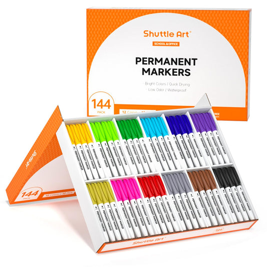 Shuttle Art 144 Pack Permanent Markers, Permanent Marker Assorted Colors, 12 Bright Colors Fine Point Permanent Markers For Students and Adult Coloring on Wood, Stone, Glass as Office, School Supplies
