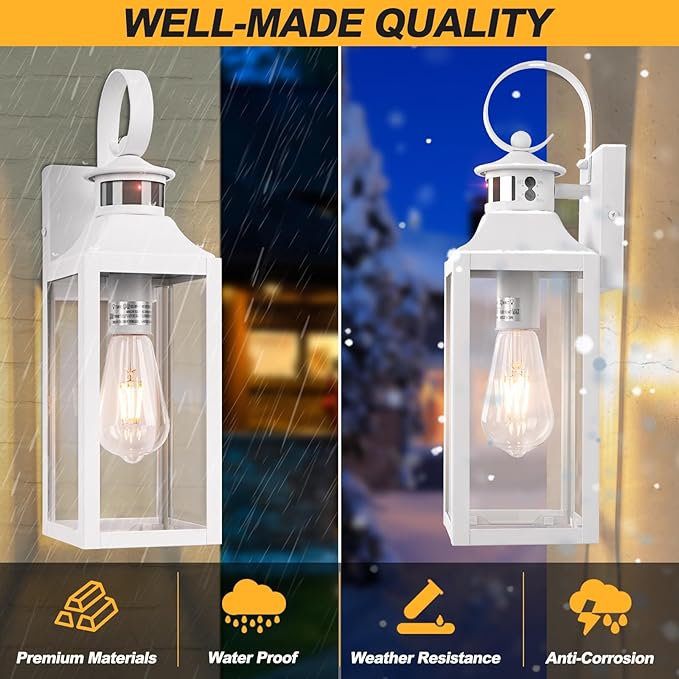 16" Motion Sensor Outdoor Wall Lights 2 Pack - White Dusk to Dawn Outdoor Lighting Wall Mount, Modern Exterior Light Fixtures, Waterproof Outside Lamps for House, Garage