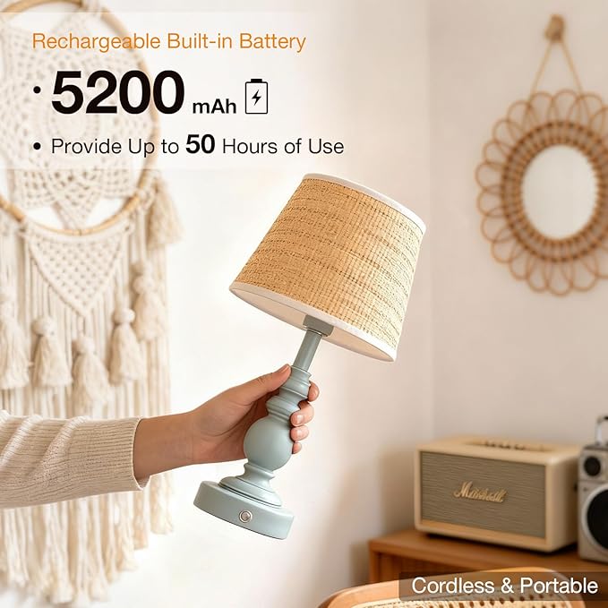 Cordless Boho Sculptural Table lamp Blue, 5200-mAh Rechargeable Battery Touch Lamp, 3-Way Dimmable, Build-in LED 320 Lumens Max, Resin Home Decor, for Bedroom Living Room Dining Room