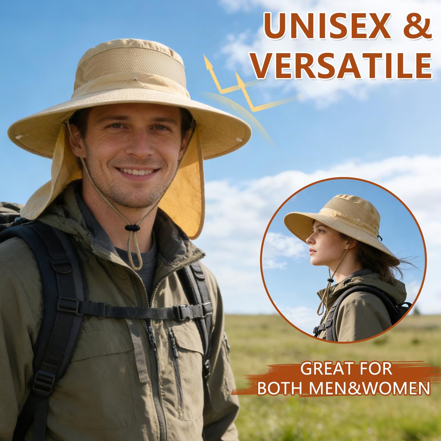ZOORON Sun Hats for Men Women Fishing Hat with Neck Flap,UPF 50+ Sun Hat Waterproof Wide Brim Bucket Hats for Safari Hiking