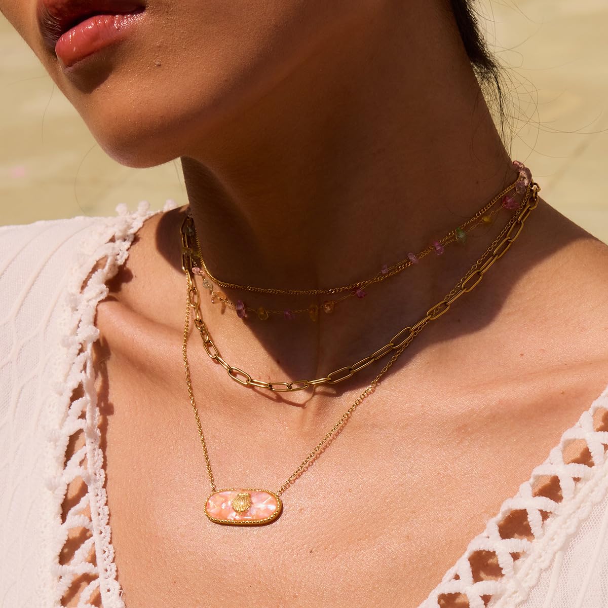 NUZON Enamel Seashell Pendant Necklace for Women Delicate 14K Gold Plated Chain Dangling Oval Inlay Pink Shell Necklace Ocean Cute Jewelry Gift Adjustable 16''