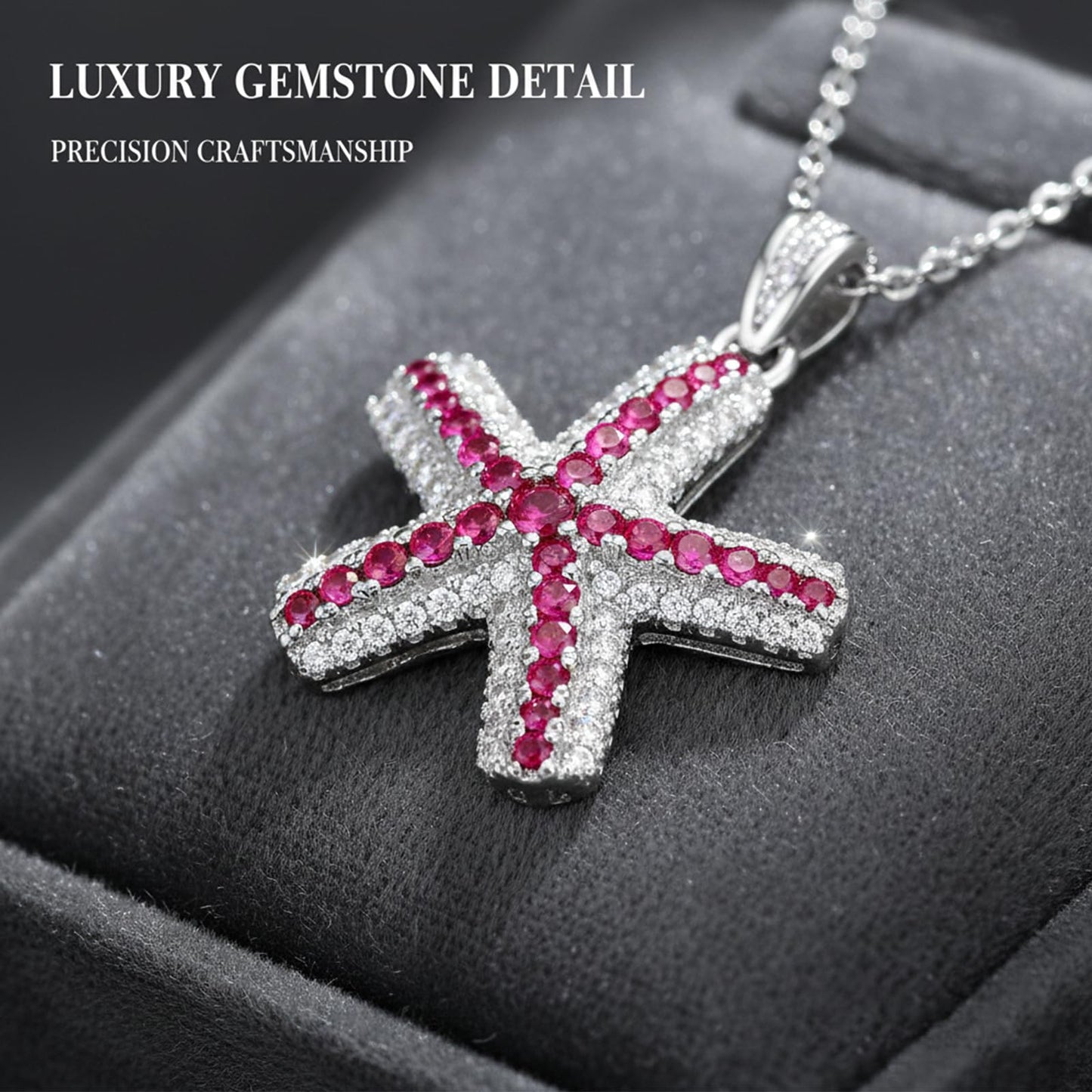 crataly Ruby And CZ Starfish Necklace For Women-Silver Plated July Birthstone Necklace For Valentine's Day Mother's Day Christams Birthday Gifts
