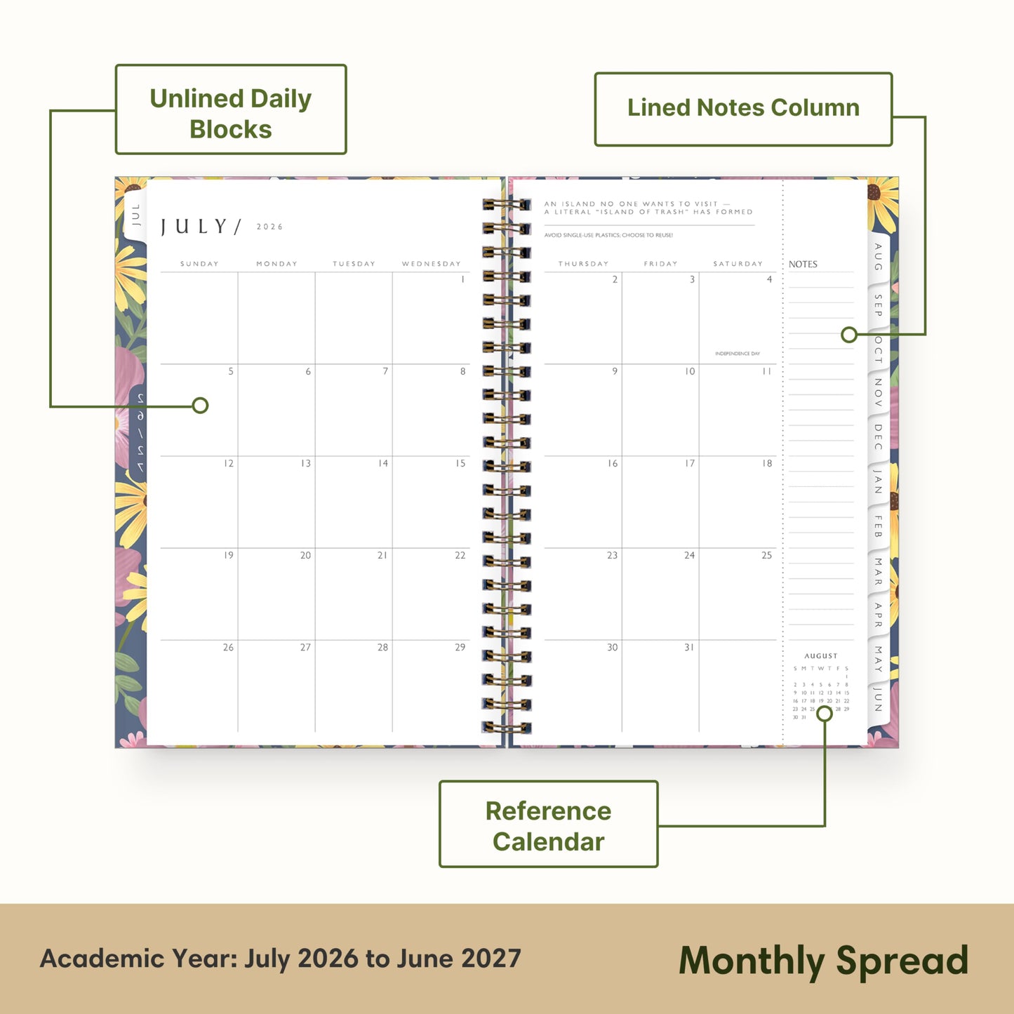 Blue Sky Sustainability 2026-2027 Weekly and Monthly Academic Year Planner Calendar, July 2026 - June 2027, 5" x 8", Flexible Cover From Recycled Plastic, Wirebound, Laminated Tabs, Storage Pocket, Gail