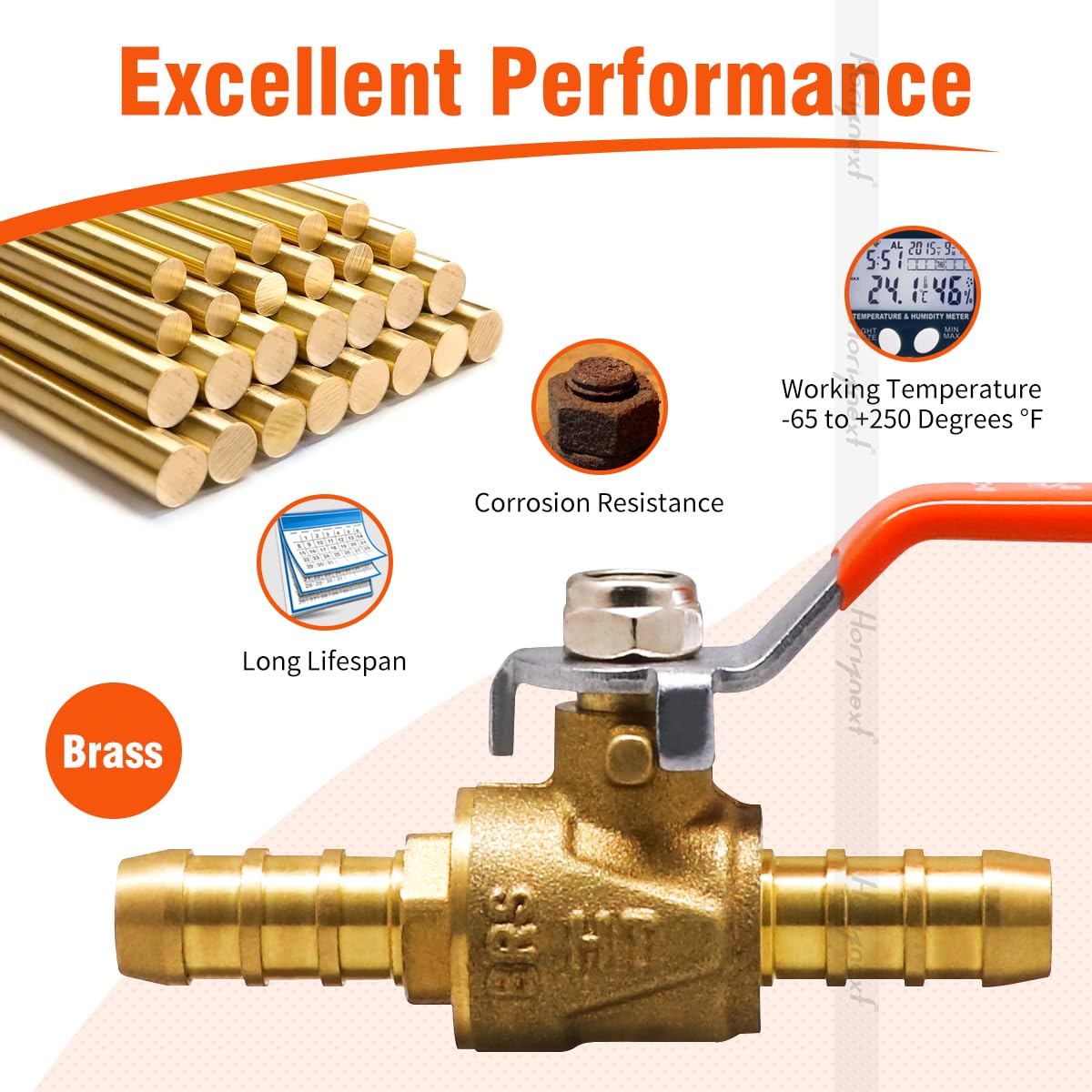 Horiznext 3/8 inch mini 2 way brass barb air ball valve for water gas fuel shut cut off 10mm pex tubing, (4 pcs in pack)