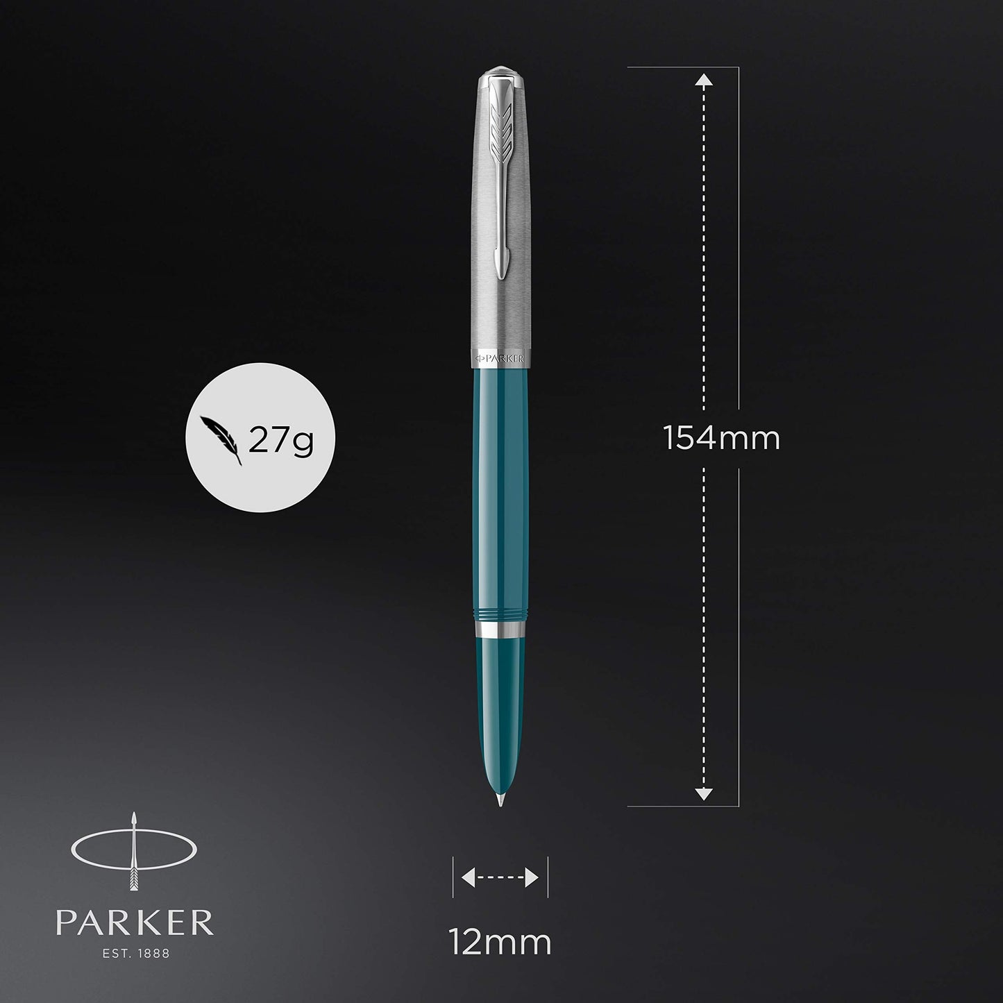 Parker 51 Fountain Pen Teal Blue Barrel with Chrome Trim Fine Nib with Black Ink Cartridge Gift Box