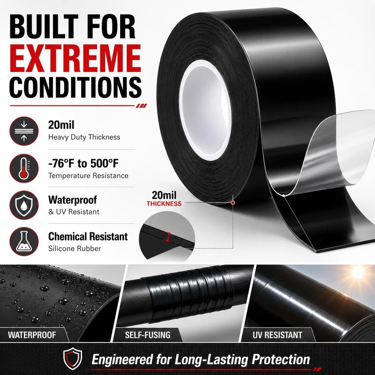 Self-Fusing Silicone Tape 1" x 33' x 20mil – Waterproof Emergency Repair Tape for Radiator Hoses, Pipes & Electrical Wiring – Heat Resistant, Insulating, Chemical Resistant, No Residue, Black