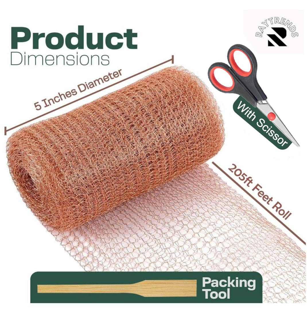 3rd Gen Copper Mesh Rodent Control Kit 5" x 205ft, 100% Premium Copper Wool for Sealing Holes & Water Gaps, Blocks Slugs, Snails, Mice & Pests – with Scissors & Packing Tool