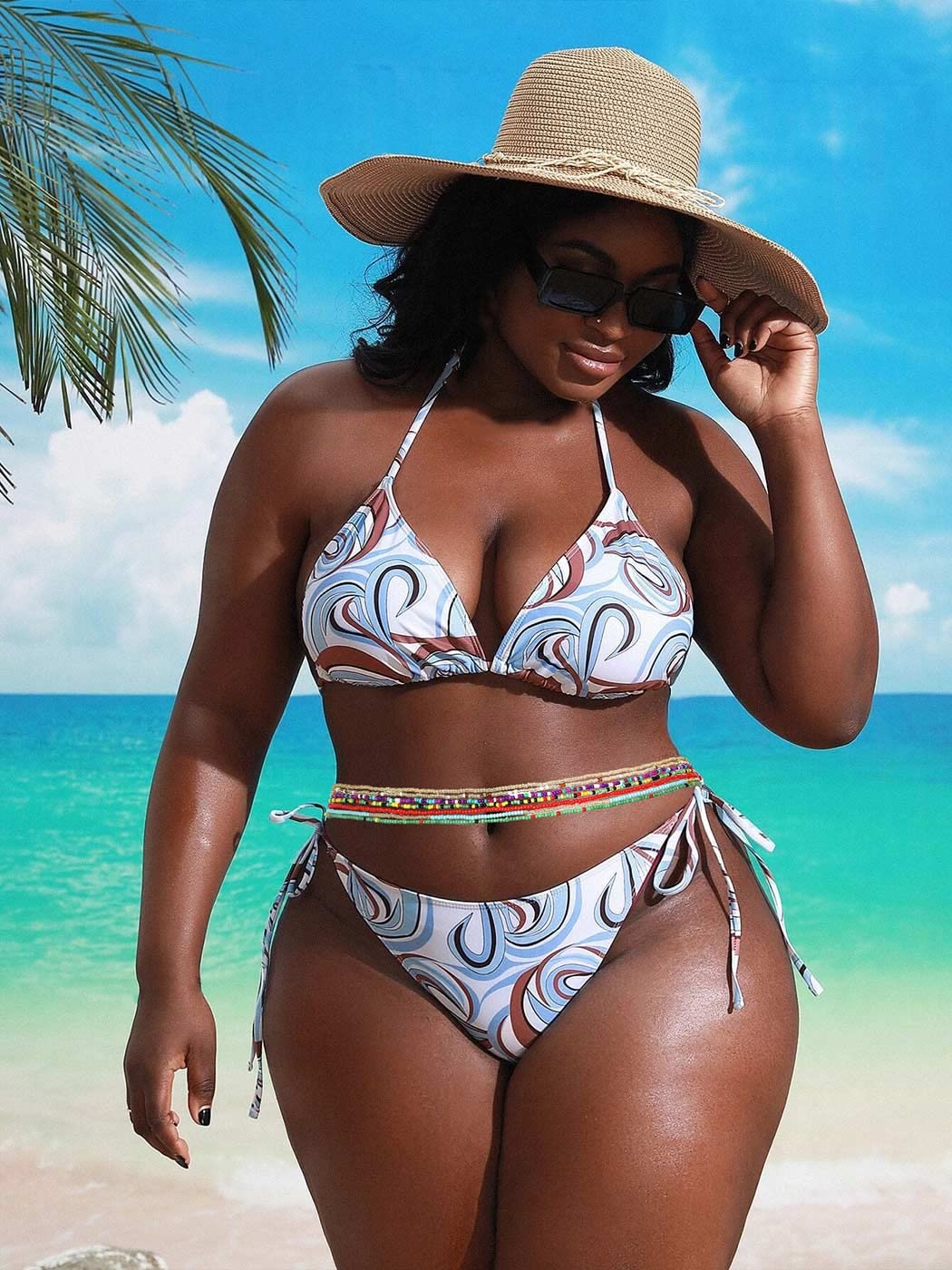 ELABEST Plus Size African Waist Beads Chain Layered Belly Body Chain Beach 7Pack Waist Jewelry Body Accessories for Women and Girls (43.3inch/110cm)