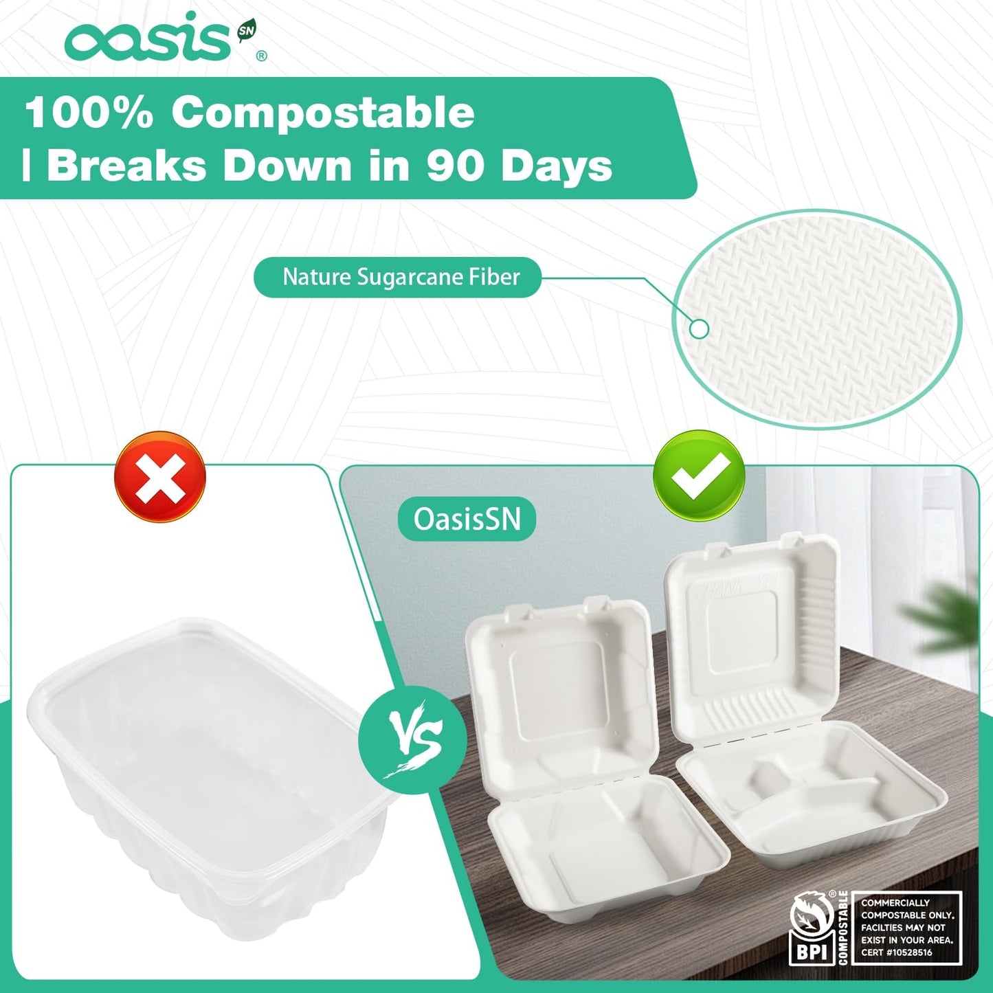 OasisSN 𝟵𝘅𝟲", 𝟲𝟴-𝗣𝗮𝗰𝗸 Clamshell Take Out Food Containers, Compostable Heavy-Duty Disposable Paper Lunch Boxes，Eco-Friendly Biodegradable To Go Containers For Food(White)
