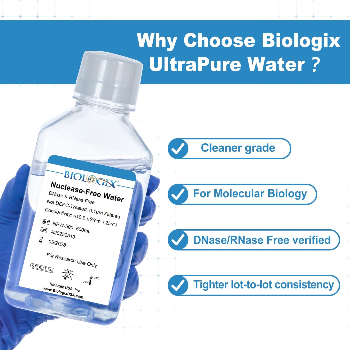 CryoKing Ultra Pure Water, 500mL Nuclease Free Water, DNase/RNase Free, Protease, Endotoxins (Pyrogen) Free, PCR/RT-PCR Certified, for Molecular Biology, PCR, Cell Rinse, for Laboratory Use Only