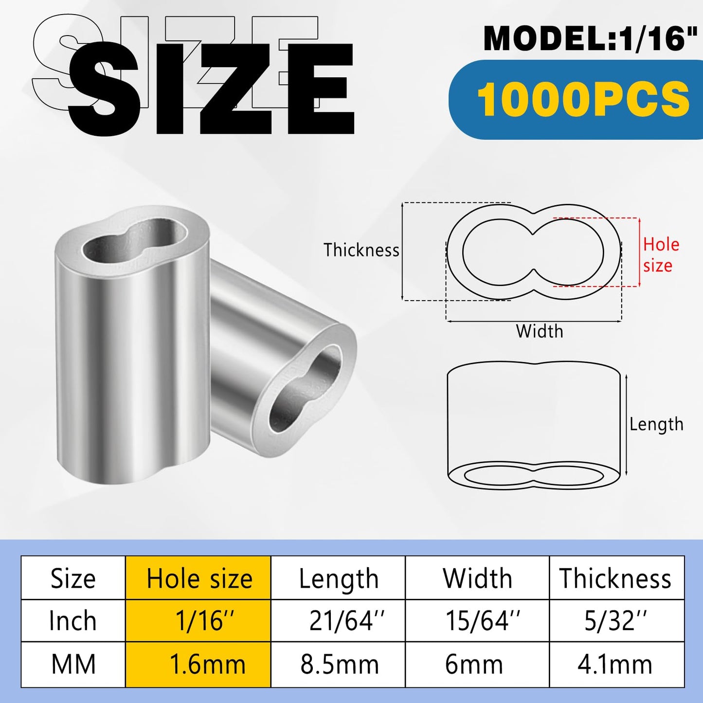 Yaocom 1000 Pcs 1/16" Aluminum Crimping Loop Sleeve Cable Crimp Ferrules Wire Rope Sleeves for Diameter Wire Rope and Cable Line Ends