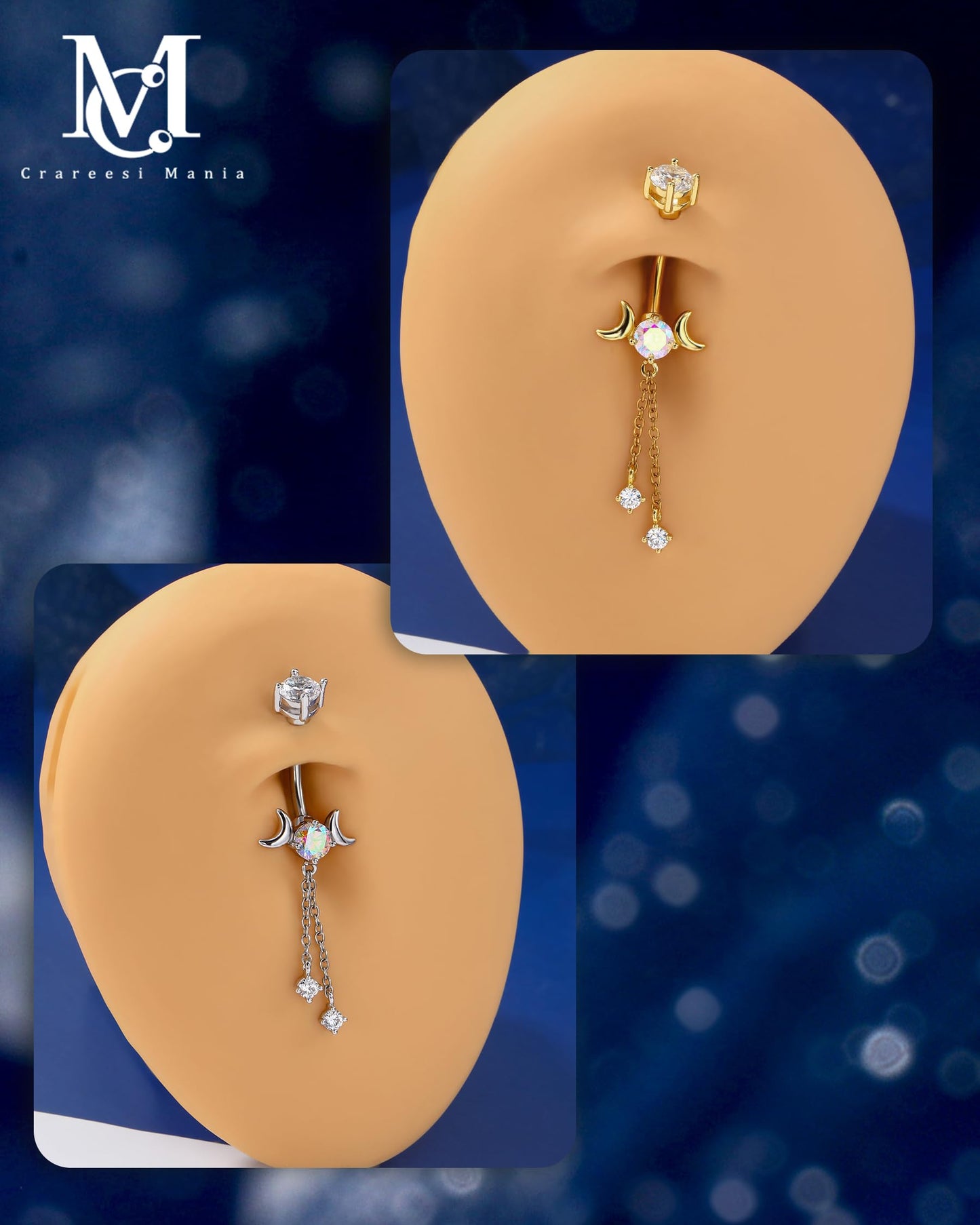 CM Crareesi Mania Dangle Belly Button Rings 14G Dangle Chain Belly Rings Moon Phase 316L Surgical Steel Belly Piercing Jewelry 10mm