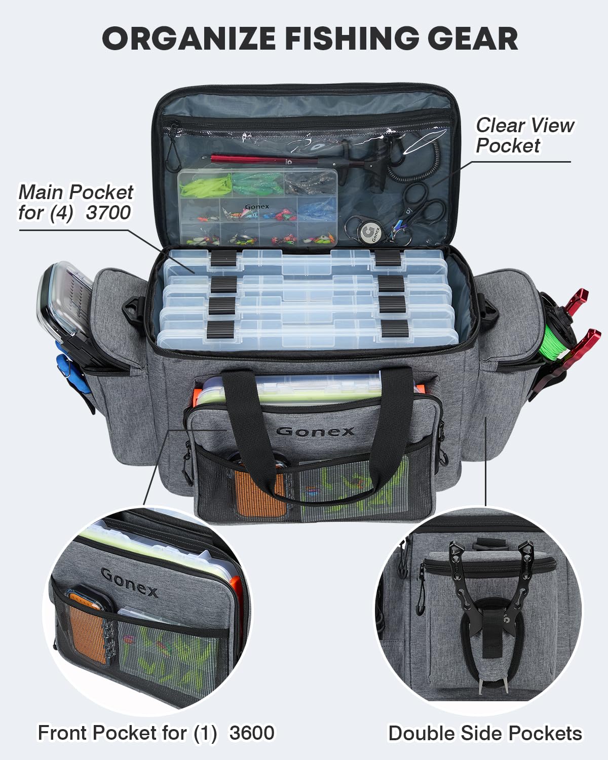 Gonex Fishing Tackle Bags for Saltwater & Freshwater, Fishing Gear Storage Bag with Water Resistant Bottom Suitable for 3600 3700 Size Tackle Box (Grey)