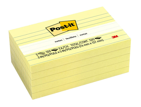 Post-it Notes, 3 in x 5 in, 5 Lined Sticky Notes Pads, 100 Sheets per Pad, Canary Yellow, The Original Post-it Note, School Supplies and Oﬃce Products
