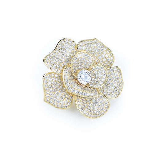 Elegant Crystal Blooming Rose Flower Brooch Lapel Pin Breastpin for Women Birdal Cardigan Hat Scarf Suit Sweater Floral Pins (K Gold Rose)