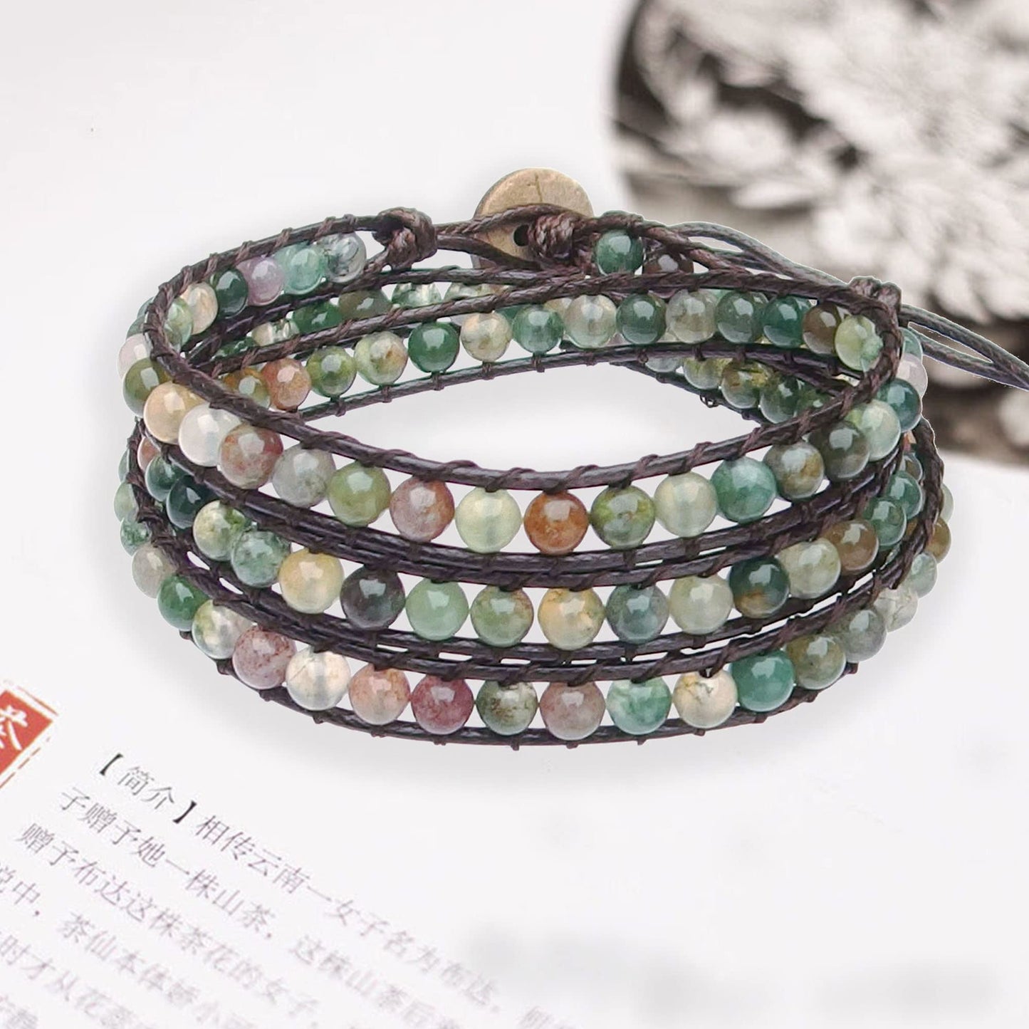 Ayriwoyi Moss Indian Agate Bracelet Beaded Wrap Bracelet for Women Natural Stone Bracelet Leather Wrap Bracelet Crystal Bracelets Handmade Jewelry Gifts