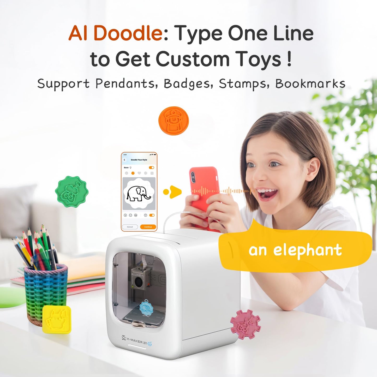 AOSEED 3D Printer for Kids, Fully Assembled AI 3D Printer with 1500+ Models & 17+ Modules, 400mm/s High Speed, Auto Leveling, STEM Toy Gift with 8 PLA Filaments for Home & School, X-Maker Joy AI+