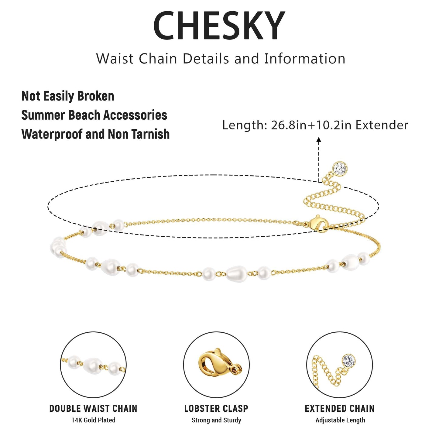 Risamil 14K Gold Plated Waist Chain for Women, Layered Pearl Belly Belt Chains Beach Waist Beads Waterproof Body Chain Gold Jewelry for Women Gifts Fashion Accessories