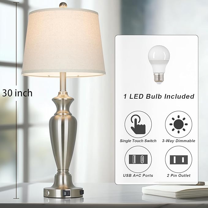 30" Tall Silver Table Lamp for Living Room, 3-Way Dimmable Touch Control Bedside Lamp for Bedroom Nightstand with USB A+C Ports & AC Outlet (1 Pack)