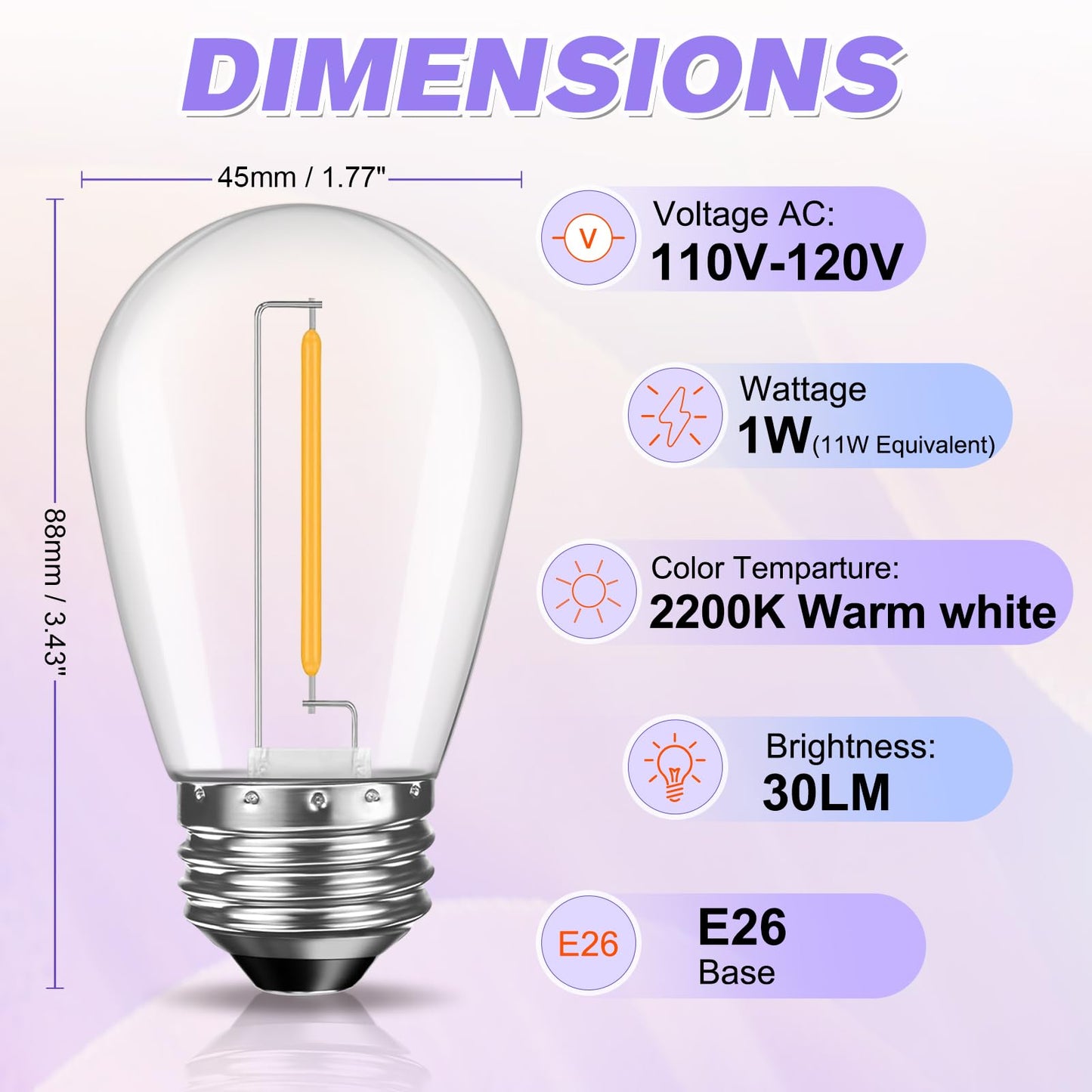 GvvooHome 48 Pack S14 LED Replacement Bulbs for Outdoor String Lights, Shatterproof 1W E26 LED Bulbs, Waterproof Outdoor Light Bulbs for Patio Light, Soft White 2200K