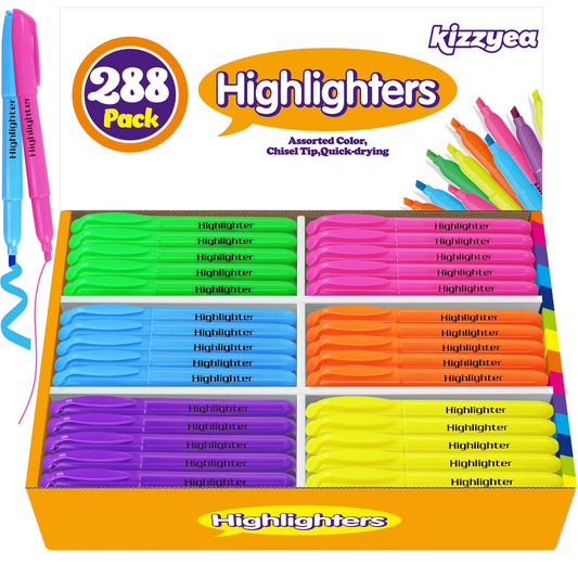KIZZYEA 288 Pack Highlighters in 6 Assorted Colors, Chisel Tip Dry-Quickly Highlighters Bulk, No Bleed Highlighter Markers for Adult Kids, Office Classroom Must Have, School Supplies for Teachers