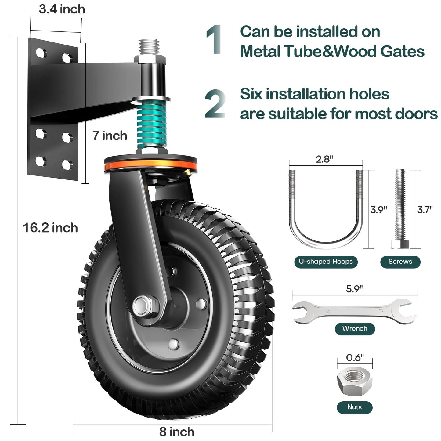 8 Inch Heavy Duty Gate Wheel, 750 lb Capacity, Fits Metal Tube Gates and Wooden Gates, 360° Swivel Spring-Loaded Caster. Gate Wheel for Smooth Operation. (8-INCH 2PACK)