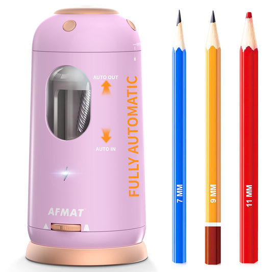 AFMAT Electric Pencil Sharpener, Auto in & Out, Fully Automatic Pencil Sharpener, Rechargeable Hands-Free Sharpeners for Jumbo & Colored Pencils (7-11.5mm), Good for Classroom/Home PSC8(Light Purple)