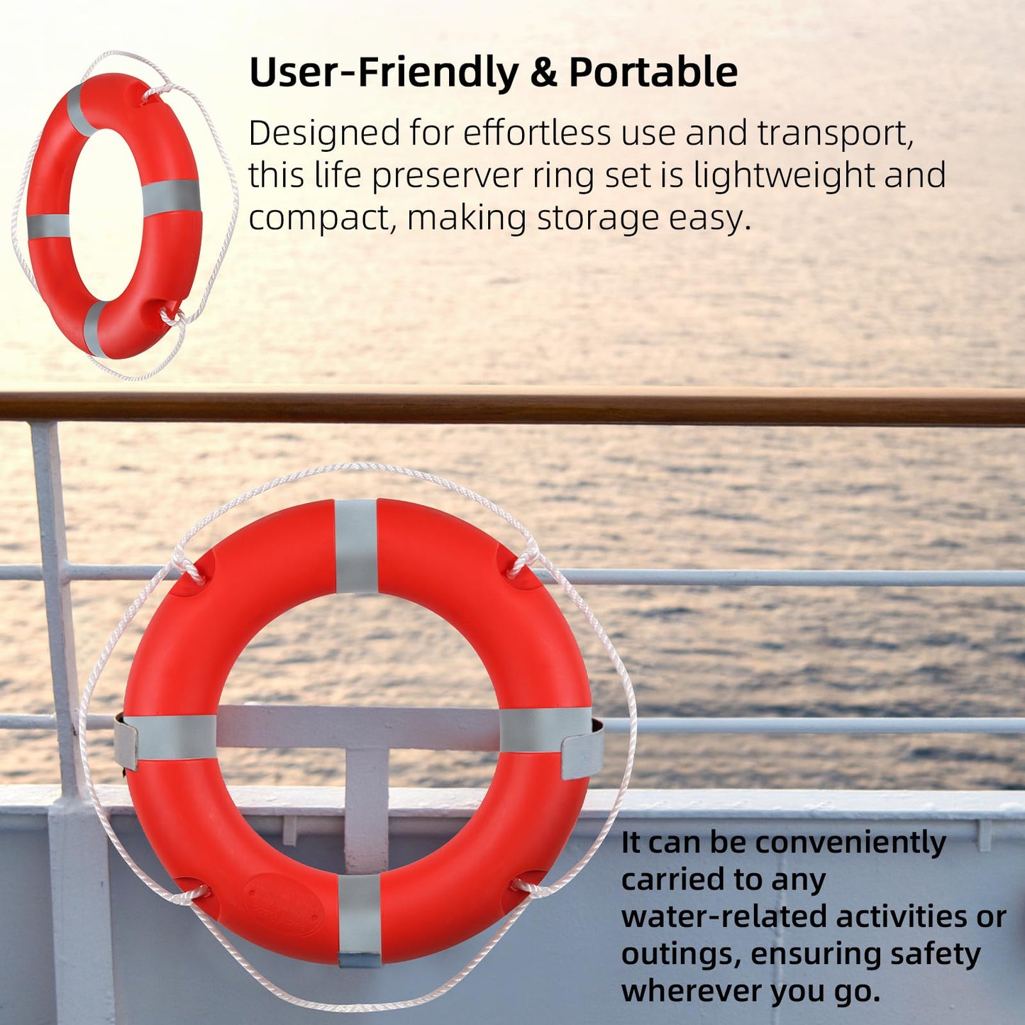 Calvana 28 Inch Life Ring Buoy with Grab Rope, Marine Throw Ring Lifebuoy for Boat Dock Pool Waterfront Safety, Closed-Cell Polyurethane Foam Core, High-Strength Polyethylene Shell, Red