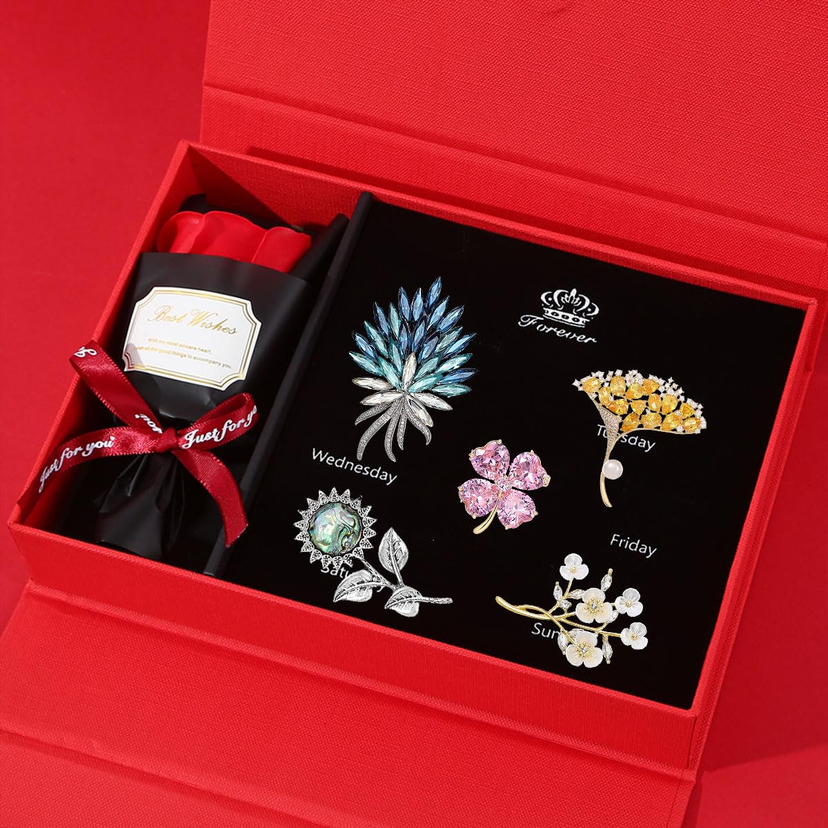 Flower Brooch Set Gift Box for Women Rhinestone Zircon Flower Pin Birthday Holiday Gift for Wife Girlfriend Mother