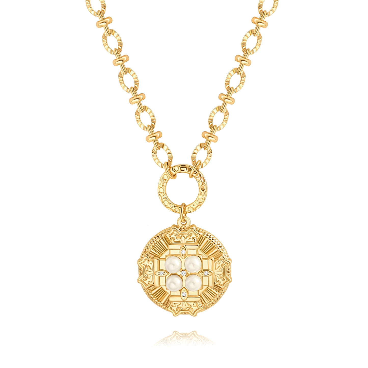 Statement Byzantine Cross Medallion Necklace, 18k Gold Plated Pearl Beaded Coin Necklace, Chunky Faceted Chain Necklace Adjustable
