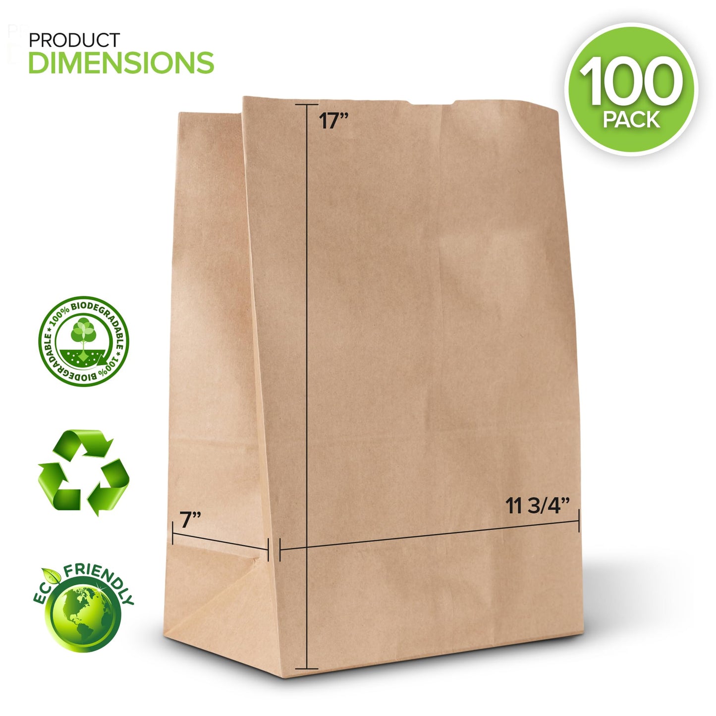 Stock Your Home 70 lb Kraft Brown Bags 100 Pack, 17x12x7 Grocery Bags, Heavy Duty Large Brown Bags for Shopping, Takeout, Storage, Trash or Recycling, Bulk Pack.