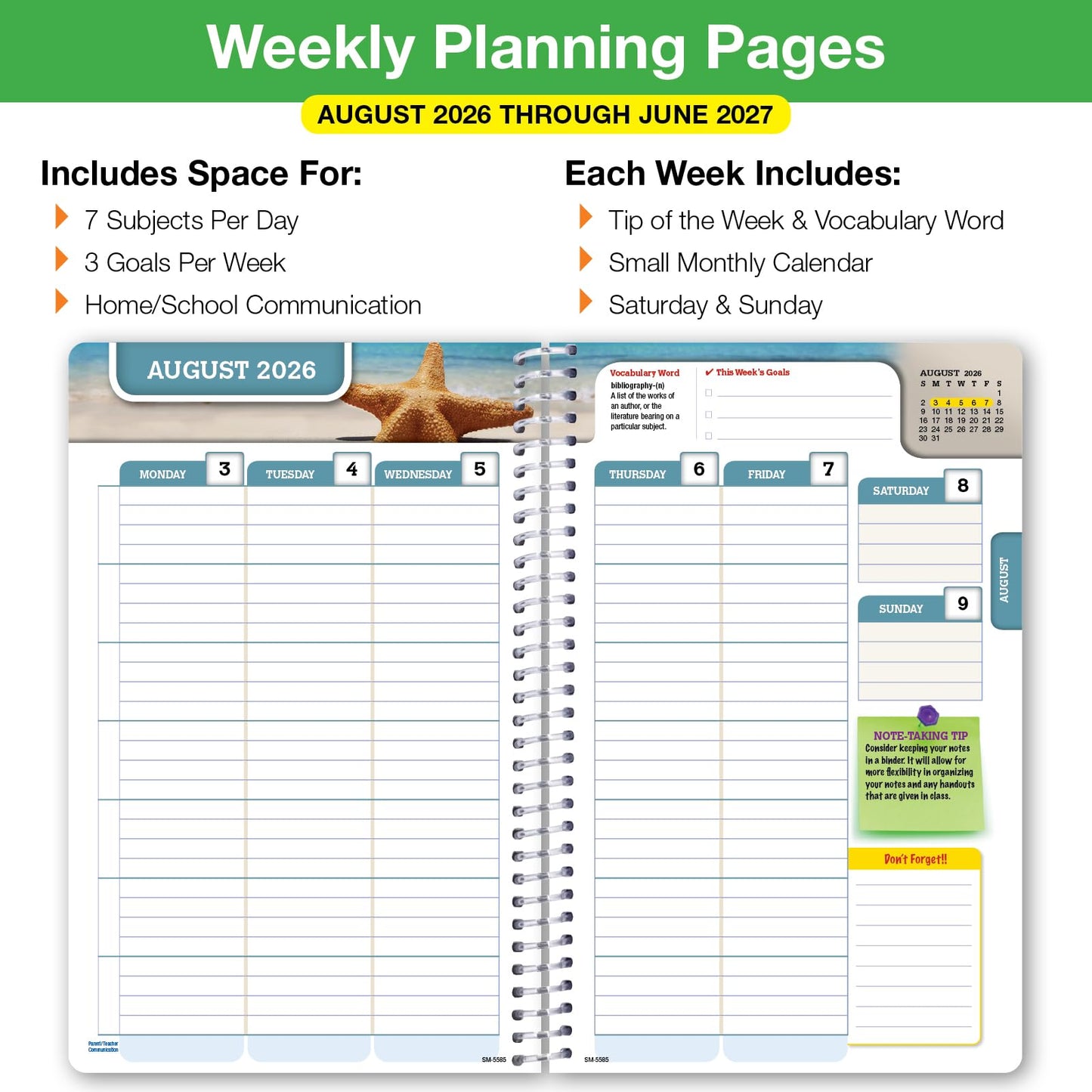 Global Datebooks 2026-2027 Middle & High School Student Planner 5.5" x 8.5" - Dated Weekly & Monthly Academic Planner w/Ruler/Bookmark & Stickers, For Homework, Matrix Style, Black Doodles