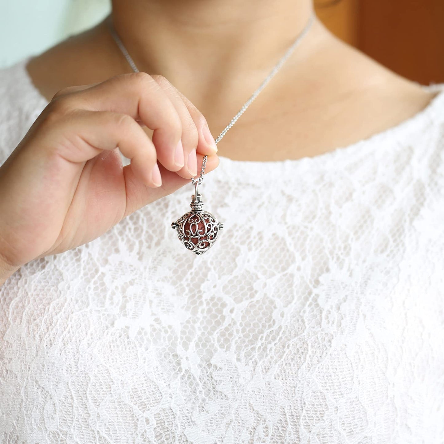 HEDQFM 2PCS Aromatherapy Essential Oil Diffuser Necklace Love Heart and Hollow Ball Locket Pendant Necklace with Lava Bead Stone for Women