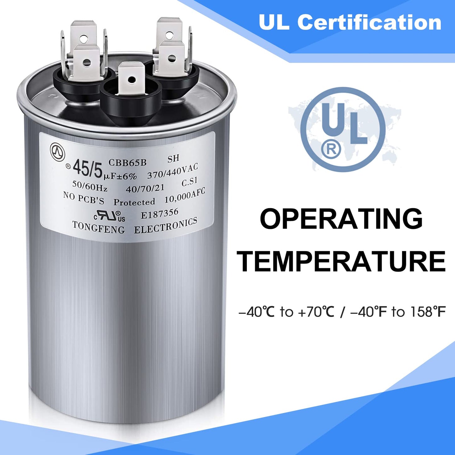 Frienda 2 Pcs 45+5 MFD 45/5 uf ±6% 370V or 440V VAC Dual Run Round Capacitor, 45 5 Start Capacitor for AC Air Conditioning Unit, Condenser Straight Cool or Heat Pump