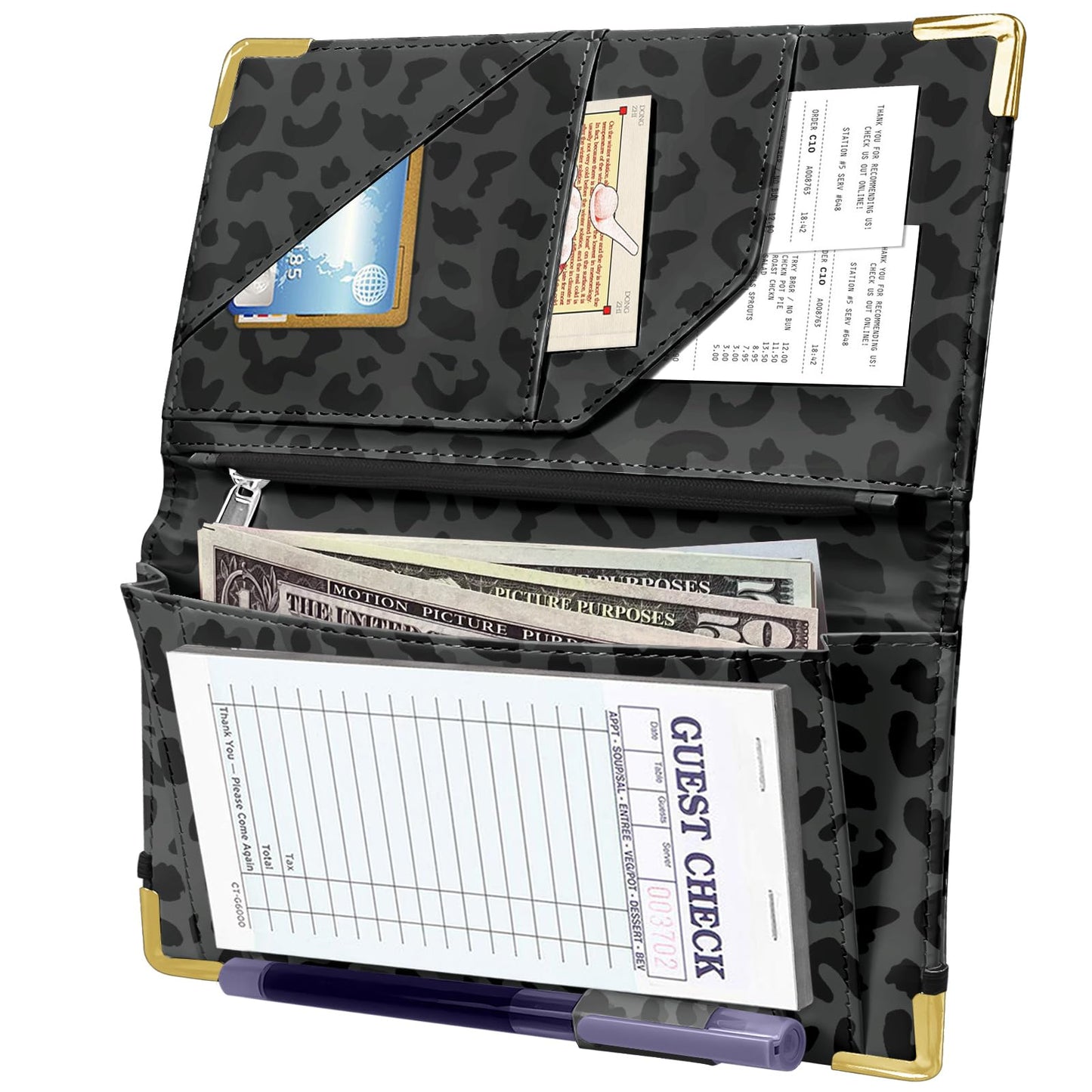 YeeCASE Server Book with Zipper Pocket, High Volume, Expandable Server Book, Money Pocket and Fold, Restaurant Waitstaff Organizer Fit Server Apron with High Volume Pocket (Leopard-Black)